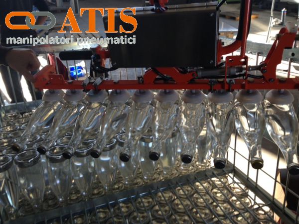 ATISacer pneumatic manipulator with ropes. Gripping tool with suction cups for sparkling wine bottles